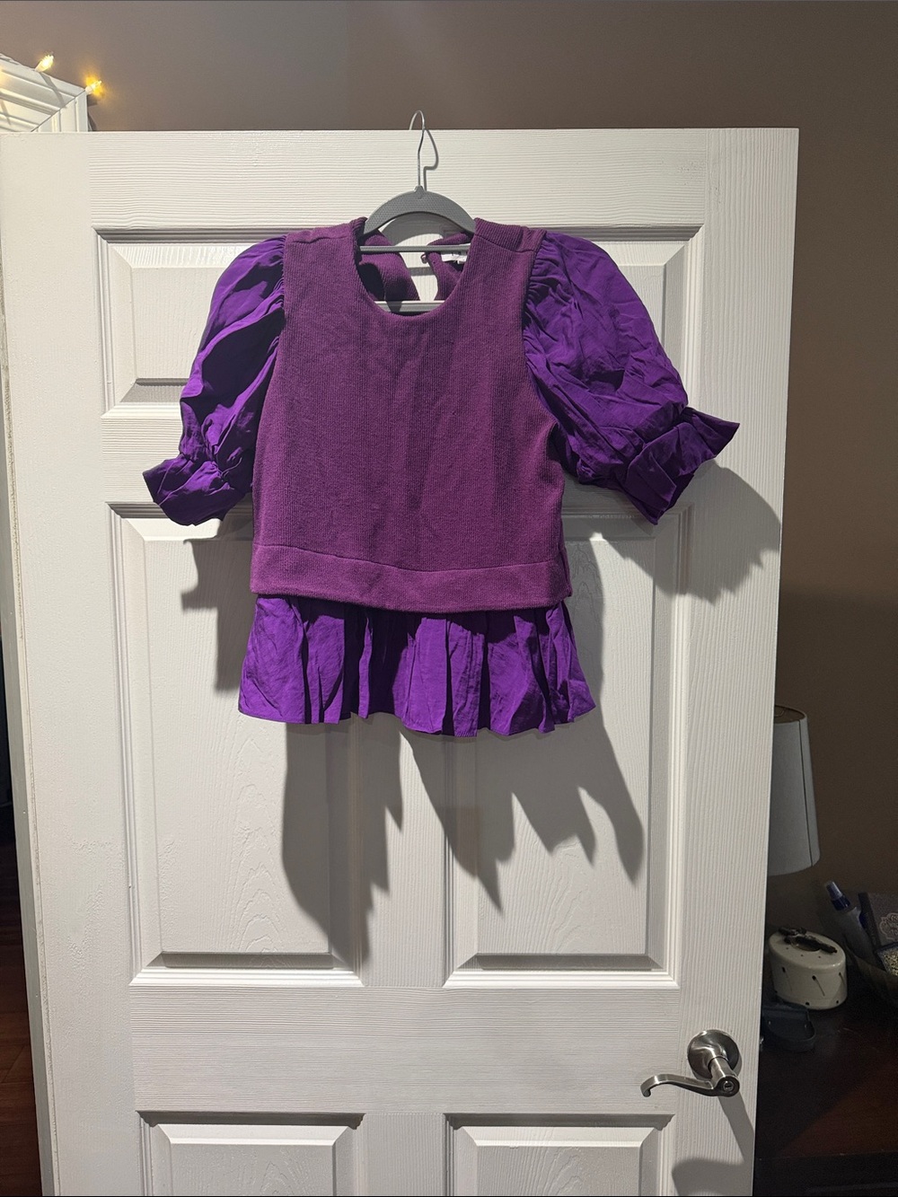 THML Purple Puff-Sleeve Layered Peplum Top